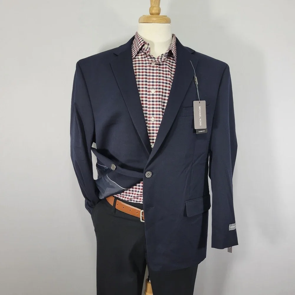 Michael Kors KOOP Mens Sport Coat Blazer Two Button Navy Blue Poly Blend 44L NEW